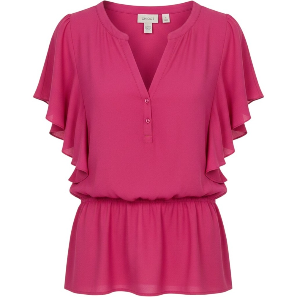 Chico's Ruffle Sleeve Peplum Blouse Size 1 Fuchsia Pink‎ Split Neck Top